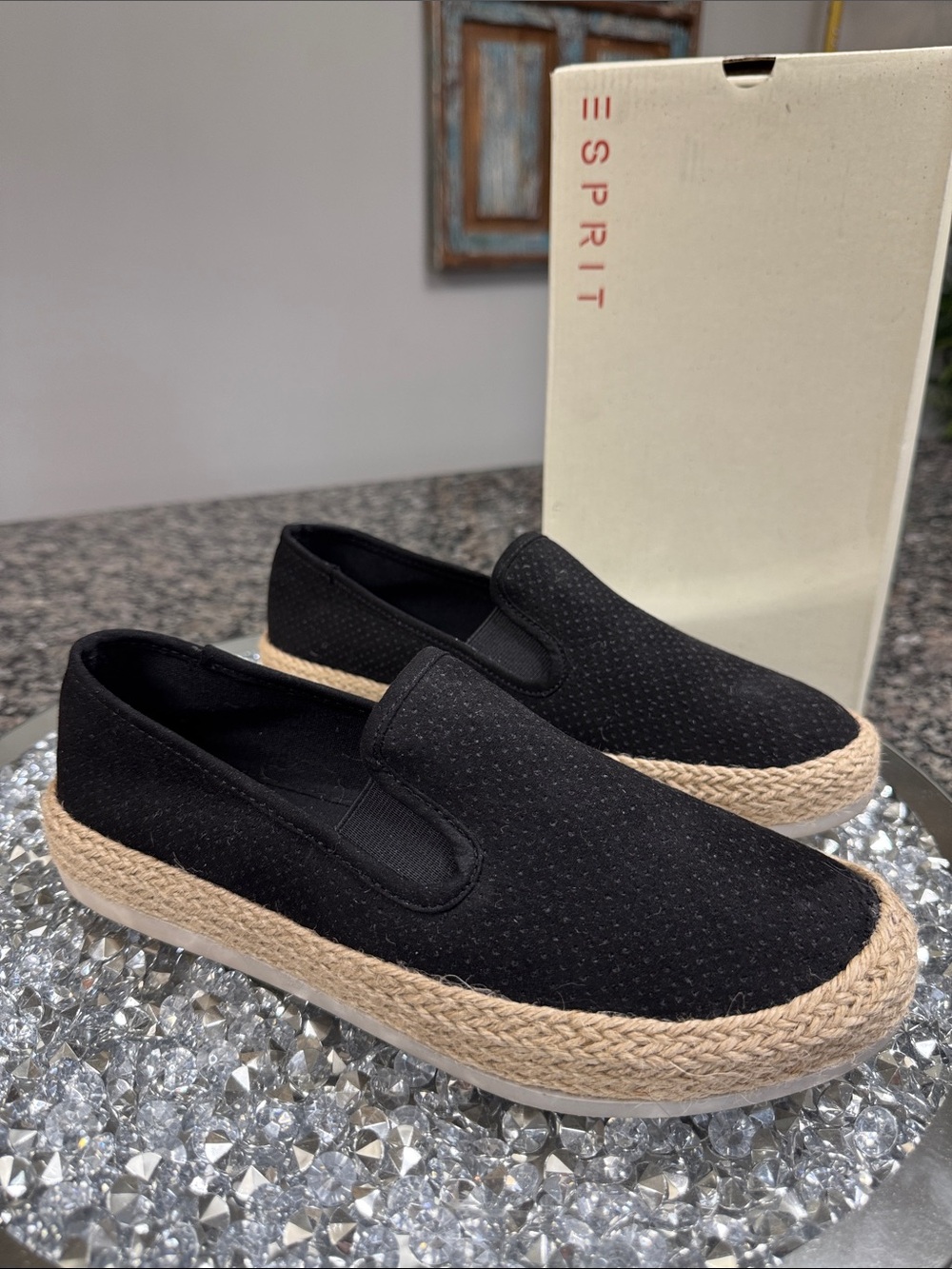 Esprit Black Slip-On Espadrille With Natural Jute Trim NEW 8